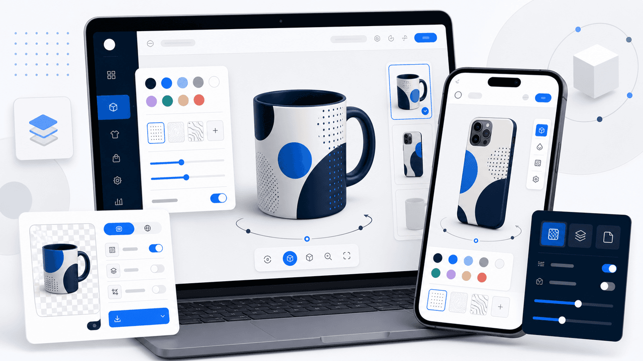 Flat illustration of an interactive 3D product customizer on a WooCommerce store, showing a rotatable mug and phone case with color swatches, view controls, and print-ready export cards in Chamevo navy and blue