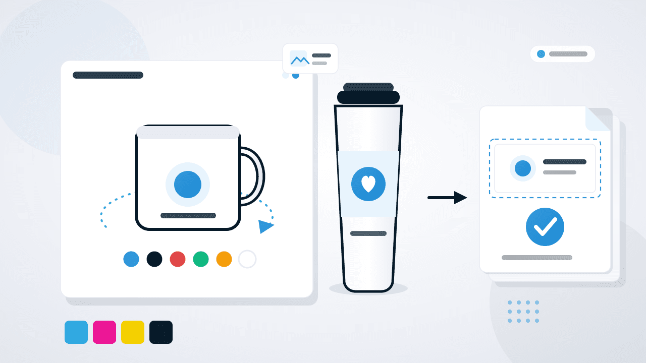 Flat illustration of a drinkware customizer: a mug with a printed design and 3D rotate arc on a customizer canvas with color swatches, a personalized tumbler, and an exported print-ready wrap file with a checkmark, in Chamevo navy and blue