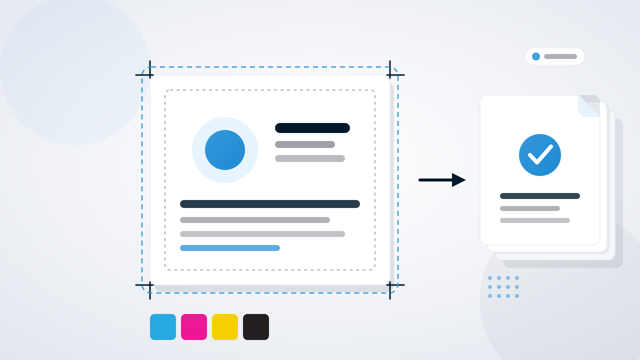 Flat illustration of a print-ready file workflow: a design artboard with crop marks and dashed bleed and safe-zone frames, an arrow to a stack of exported print-ready file cards with a checkmark, plus CMYK color swatches, in Chamevo navy and blue