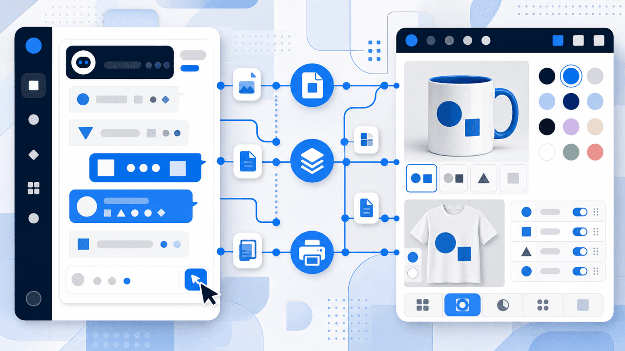 Flat illustration of an AI assistant chat panel linked by connector nodes to a WooCommerce product page showing a customizable mug and t-shirt, with print file icons travelling along the connection