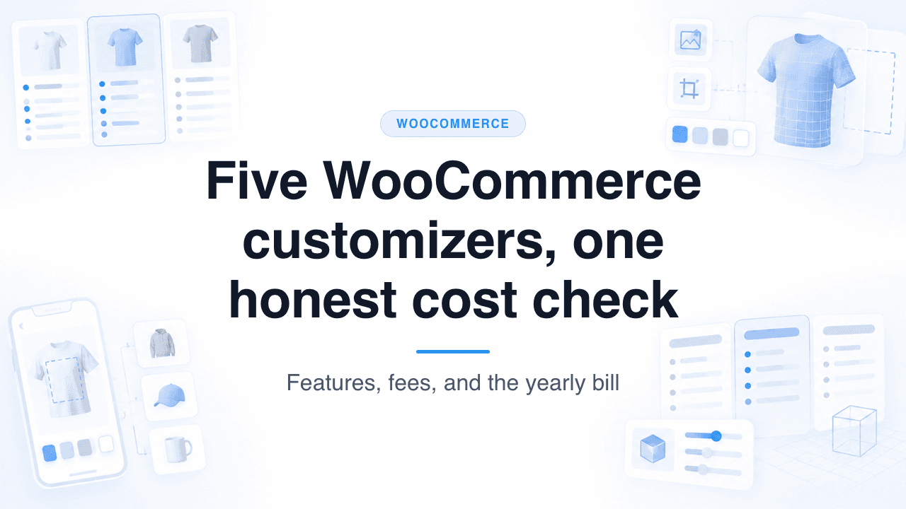 Blog cover headed Five WooCommerce customizers, one honest cost check, with the subtitle Features, fees, and the yearly bill, framed by floating product customizer cards, t-shirt mockups and a 3D preview on a light blue background