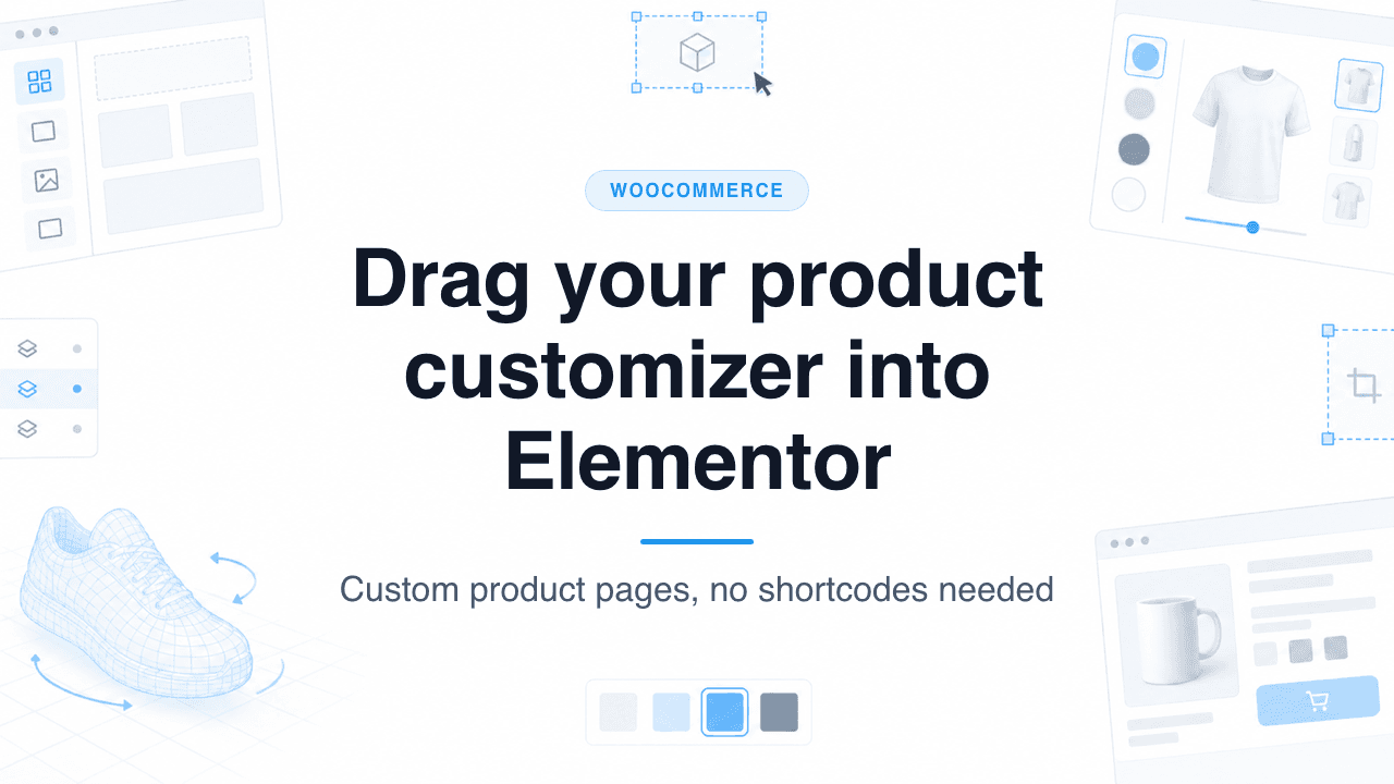 Blog cover headed Drag your product customizer into Elementor, with the subtitle Custom product pages, no shortcodes needed, framed by line-art page layout blocks, a t-shirt customizer, a 3D sneaker wireframe and a mug product card