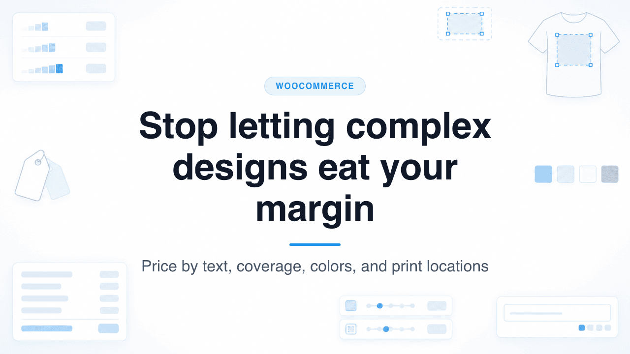 Blog cover with a WooCommerce category chip and the headline Stop letting complex designs eat your margin, subtitled Price by text, coverage, colors, and print locations, framed by faint customizer UI cards, price tags, a t-shirt print area, and color swatches on a white background