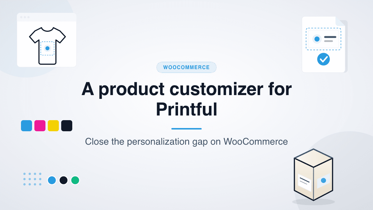 Blog cover headed A product customizer for Printful, with the subtitle Close the personalization gap on WooCommerce, beside a t-shirt print zone, a checked print file, CMYK swatches and a shipping box